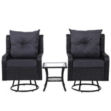 Gardeon 3PC Outdoor Furniture Bistro Set Lounge Wicker Swivel Chairs Table Cushion Black - Front View