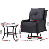 Gardeon 3PC Outdoor Furniture Bistro Set Lounge Wicker Swivel Chairs Table Cushion Black - Side View