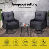Gardeon 3PC Outdoor Furniture Bistro Set Lounge Wicker Swivel Chairs Table Cushion Black - Top-Down View