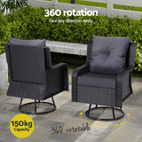 Gardeon 3PC Outdoor Furniture Bistro Set Lounge Wicker Swivel Chairs Table Cushion Black - 45-Degree Angle