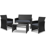 Gardeon 4 PCS Outdoor Sofa Set Rattan Chair Table Setting Garden Furniture Black - Close-Up Angle
