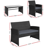 Gardeon 4 PCS Outdoor Sofa Set Rattan Chair Table Setting Garden Furniture Black - Front View