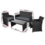 Gardeon 4 PCS Outdoor Sofa Set with Storage Cover Rattan Chair Furniture Black - Front View