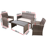 Gardeon 4 PCS Outdoor Sofa Set with Storage Cover Rattan Chair Furniture Grey - Front View
