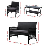 Gardeon 4PCS Outdoor Sofa Set Wicker Harp Chair Table Garden Furniture Black - Front View