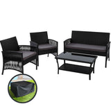 Gardeon 4PCS OutdoorSofa Set with Storage Cover Wicker Harp Chair Table Black - Close-Up Angle