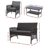 Gardeon 4PCS Outdoor Sofa Set Wicker Harp Chair Table Garden Furniture Grey - Front View
