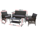 Gardeon 4PCS Outdoor Sofa Set with Storage Cover Wicker Harp Chair Table Grey - Front View
