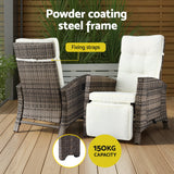 Gardeon 3PC Outdoor Bistro Set Recliner Chairs Table Sun lounge Patio Furniture Wicker Adjustable - Rear View
