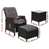 Gardeon 5PC Recliner Chairs Table Sun lounge Wicker Outdoor Furniture Adjustable Black - Front View