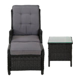 Gardeon 5PC Recliner Chairs Table Sun lounge Wicker Outdoor Furniture Adjustable Black - Side View