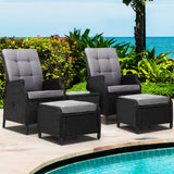 Gardeon 5PC Recliner Chairs Table Sun lounge Wicker Outdoor Furniture Adjustable Black - Low Angle