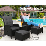 Gardeon 5PC Recliner Chairs Table Sun lounge Wicker Outdoor Furniture Adjustable Black - Extra Image