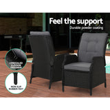 Gardeon 5PC Recliner Chairs Table Sun lounge Wicker Outdoor Furniture Adjustable Black - Extra Image