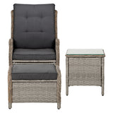 Gardeon 5PC Recliner Chairs Table Sun lounge Wicker Outdoor Furniture Adjustable Grey - Side View