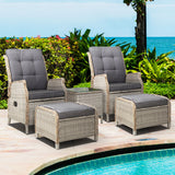 Gardeon 5PC Recliner Chairs Table Sun lounge Wicker Outdoor Furniture Adjustable Grey - Low Angle