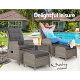 Gardeon 5PC Recliner Chairs Table Sun lounge Wicker Outdoor Furniture Adjustable Grey - Extra Image