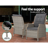 Gardeon 5PC Recliner Chairs Table Sun lounge Wicker Outdoor Furniture Adjustable Grey - Extra Image