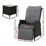 Gardeon 3PC Recliner Chairs Table Sun lounge Outdoor Furniture Wicker Adjustable Black - Front View