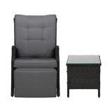 Gardeon 3PC Recliner Chairs Table Sun lounge Outdoor Furniture Wicker Adjustable Black - Side View