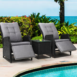 Gardeon 3PC Recliner Chairs Table Sun lounge Outdoor Furniture Wicker Adjustable Black - Low Angle