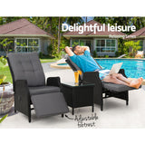 Gardeon 3PC Recliner Chairs Table Sun lounge Outdoor Furniture Wicker Adjustable Black - Extra Image