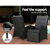 Gardeon 3PC Recliner Chairs Table Sun lounge Outdoor Furniture Wicker Adjustable Black - Extra Image