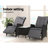 Gardeon 3PC Recliner Chairs Table Sun lounge Outdoor Furniture Wicker Adjustable Black - Extra Image