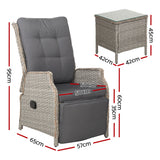 Gardeon 3PC Recliner Chairs Table Sun lounge Outdoor Furniture Wicker Adjustable Grey - Front View