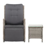 Gardeon 3PC Recliner Chairs Table Sun lounge Outdoor Furniture Wicker Adjustable Grey - Side View