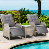 Gardeon 3PC Recliner Chairs Table Sun lounge Outdoor Furniture Wicker Adjustable Grey - Low Angle
