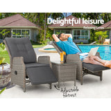 Gardeon 3PC Recliner Chairs Table Sun lounge Outdoor Furniture Wicker Adjustable Grey - Extra Image