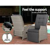 Gardeon 3PC Recliner Chairs Table Sun lounge Outdoor Furniture Wicker Adjustable Grey - Extra Image