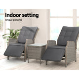 Gardeon 3PC Recliner Chairs Table Sun lounge Outdoor Furniture Wicker Adjustable Grey - Extra Image