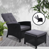 Gardeon Recliner Chair Sun lounge Wicker Lounger Outdoor Patio Furniture Adjustable Black - Close-Up Angle