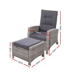 Gardeon 2PC Recliner Chairs Sun lounge Wicker Lounger Outdoor Furniture Adjustable Grey - Front View