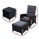 Gardeon 3PC Recliner Chairs Table Sun lounge Wicker Outdoor Furniture Adjustable Black - Front View