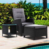 Gardeon 3PC Recliner Chairs Table Sun lounge Wicker Outdoor Furniture Adjustable Black - Low Angle