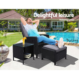 Gardeon 3PC Recliner Chairs Table Sun lounge Wicker Outdoor Furniture Adjustable Black - Extra Image