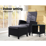 Gardeon 3PC Recliner Chairs Table Sun lounge Wicker Outdoor Furniture Adjustable Black - Extra Image