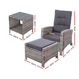 Gardeon 3PC Recliner Chairs Table Sun lounge Wicker Outdoor Furniture Adjustable Grey - Front View