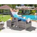 Gardeon 3PC Recliner Chairs Table Sun lounge Wicker Outdoor Furniture Adjustable Grey - Side View