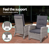 Gardeon 3PC Recliner Chairs Table Sun lounge Wicker Outdoor Furniture Adjustable Grey - 45-Degree Angle