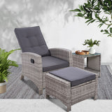 Gardeon 3PC Recliner Chairs Table Sun lounge Wicker Outdoor Furniture Adjustable Grey - Close-Up Angle