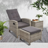 Gardeon 3PC Recliner Chairs Table Sun lounge Wicker Outdoor Furniture Adjustable Grey - Low Angle
