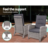 Gardeon 3PC Recliner Chairs Table Sun lounge Wicker Outdoor Furniture Adjustable Grey - Extra Image