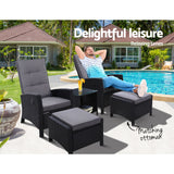 Gardeon 5PC Recliner Chairs Table Sun lounge Wicker Outdoor Furniture Adjustable Black - Extra Image