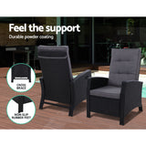 Gardeon 5PC Recliner Chairs Table Sun lounge Wicker Outdoor Furniture Adjustable Black - Extra Image