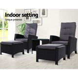 Gardeon 5PC Recliner Chairs Table Sun lounge Wicker Outdoor Furniture Adjustable Black - Extra Image