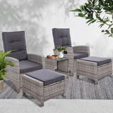 Gardeon 5PC Recliner Chairs Table Sun lounge Wicker Outdoor Furniture Adjustable Grey - Close-Up Angle